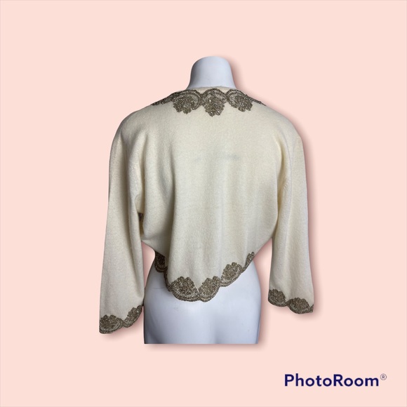 RARE Eleanor Beard Hardinsburg KY Vintage 1960s metallic lace appliqué cardigan - Picture 2 of 14